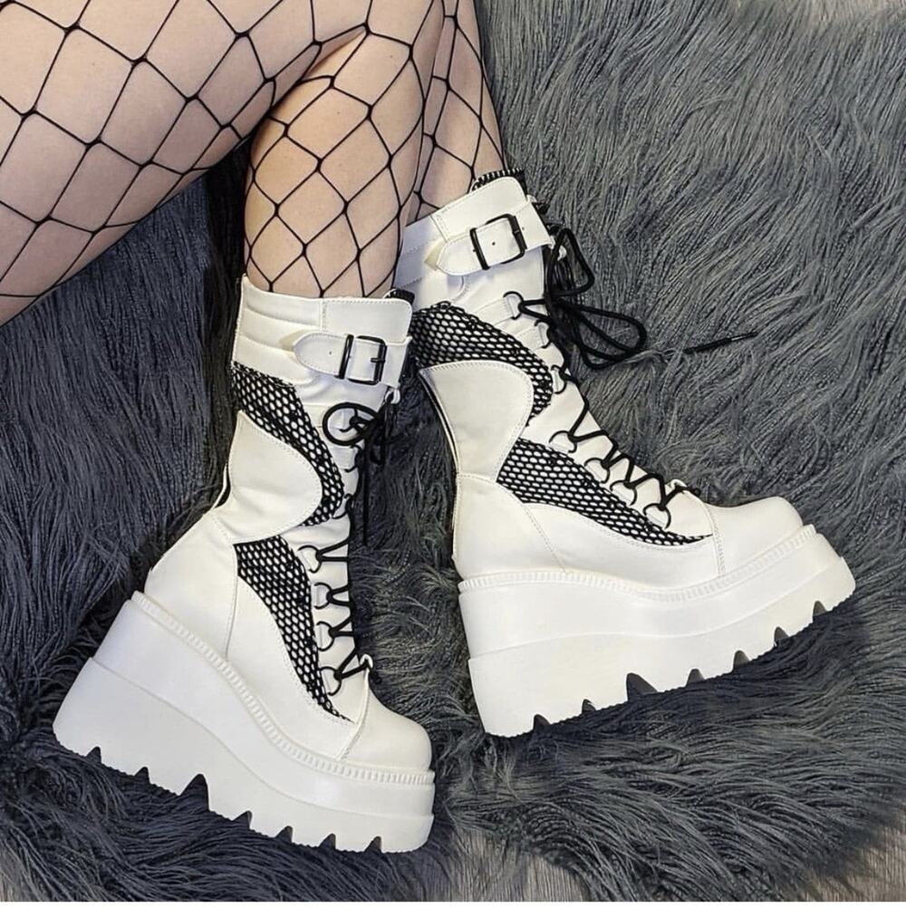 White Platform Knee High Gothic Boots Mesh Straps Studs Lace Up Zip Size 7 US